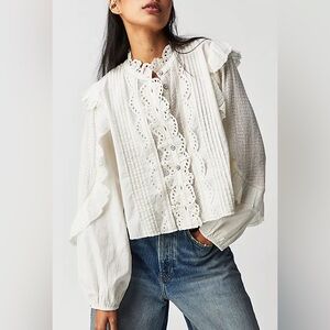 FREE PEOPLE masai mar ruffle eyelet puff sleeve blouse shirt buttondown ivory XS